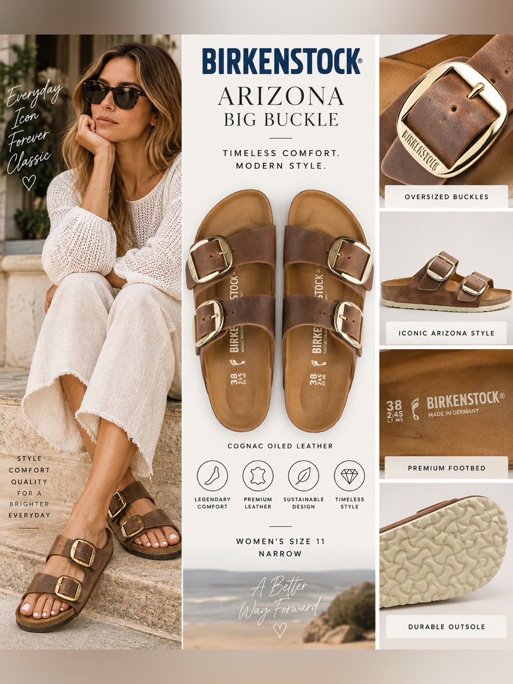 Birkenstock Arizona Big Buckle Cognac Oiled Leather Sandals Women’s 11 Narrow